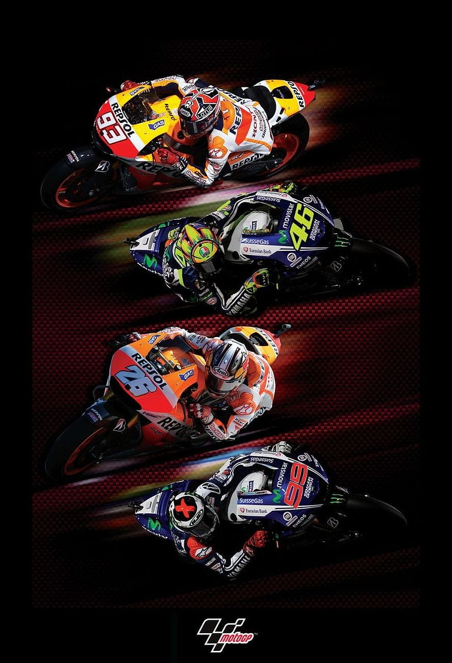 MotoGP Racing Motorcycles Leaning into Corners on Dark Track HD phone wallpaper