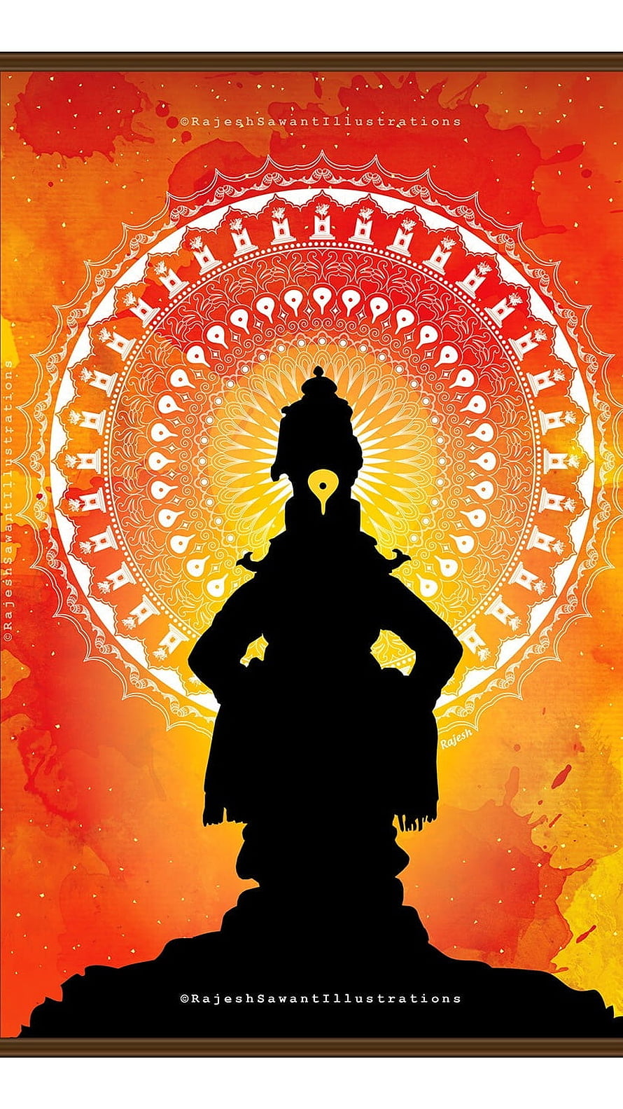 Silhouette of Vitthal deity with ornate mandala halo and warm watercolor background HD phone wallpaper