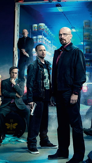 Breaking Bad Season 4 promotional poster featuring Walter White, Jesse Pinkman, Gus Fring, and Mike Ehrmantraut in a blue-lit warehouse HD phone wallpaper