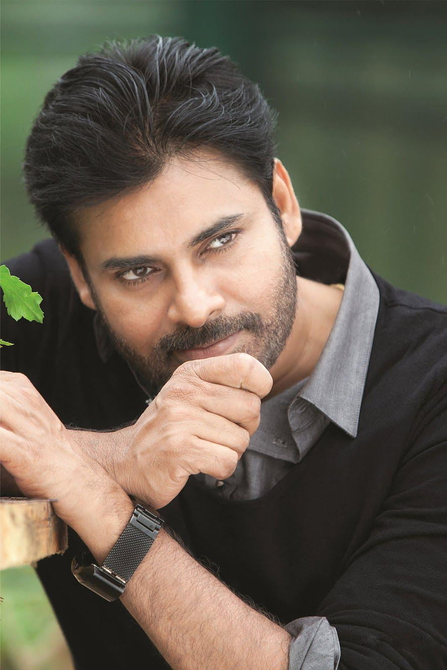 Pawan Kalyan Portrait in Black Shirt with Green Foliage Background HD phone wallpaper