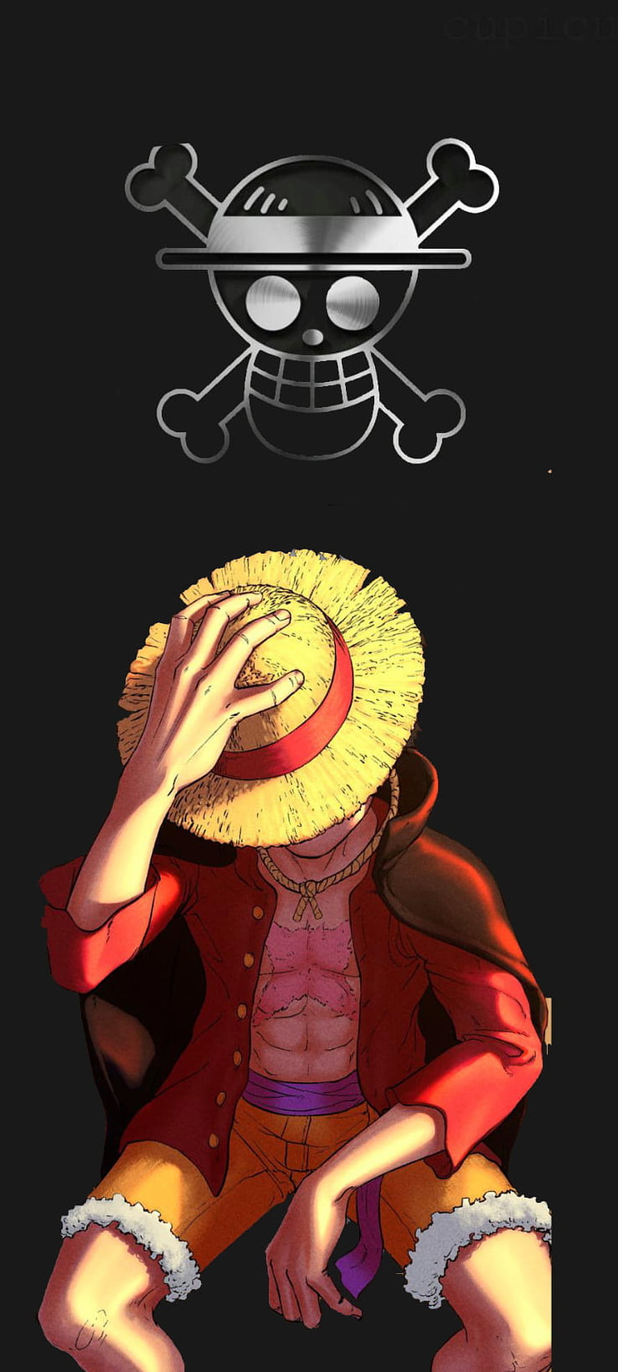 Monkey D. Luffy from One Piece in a red vest and straw hat with the Jolly Roger skull emblem on a dark background HD phone wallpaper