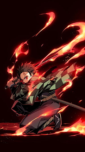 Tanjiro Kamado Wielding Flame Breathing in Kimetsu no Yaiba Anime Illustration HD phone wallpaper