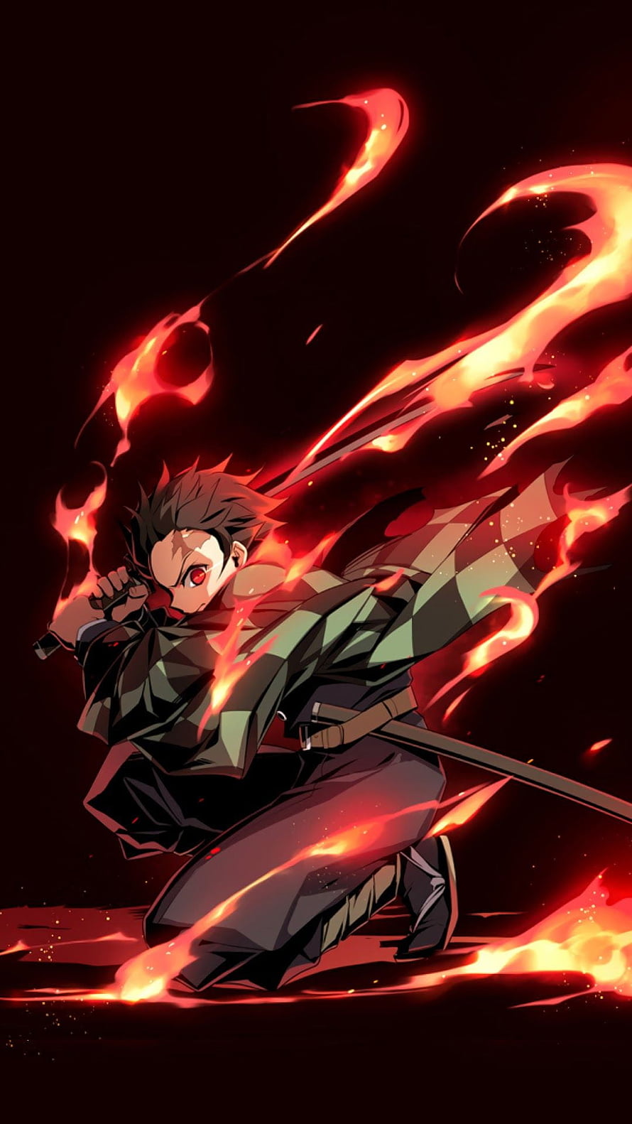 Tanjiro Kamado Wielding Flame Breathing in Kimetsu no Yaiba Anime Illustration HD phone wallpaper