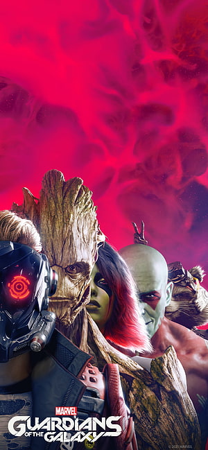 Guardians of the Galaxy Video Game Team Portrait with Star Lord Groot Gamora Drax and Rocket HD phone wallpaper