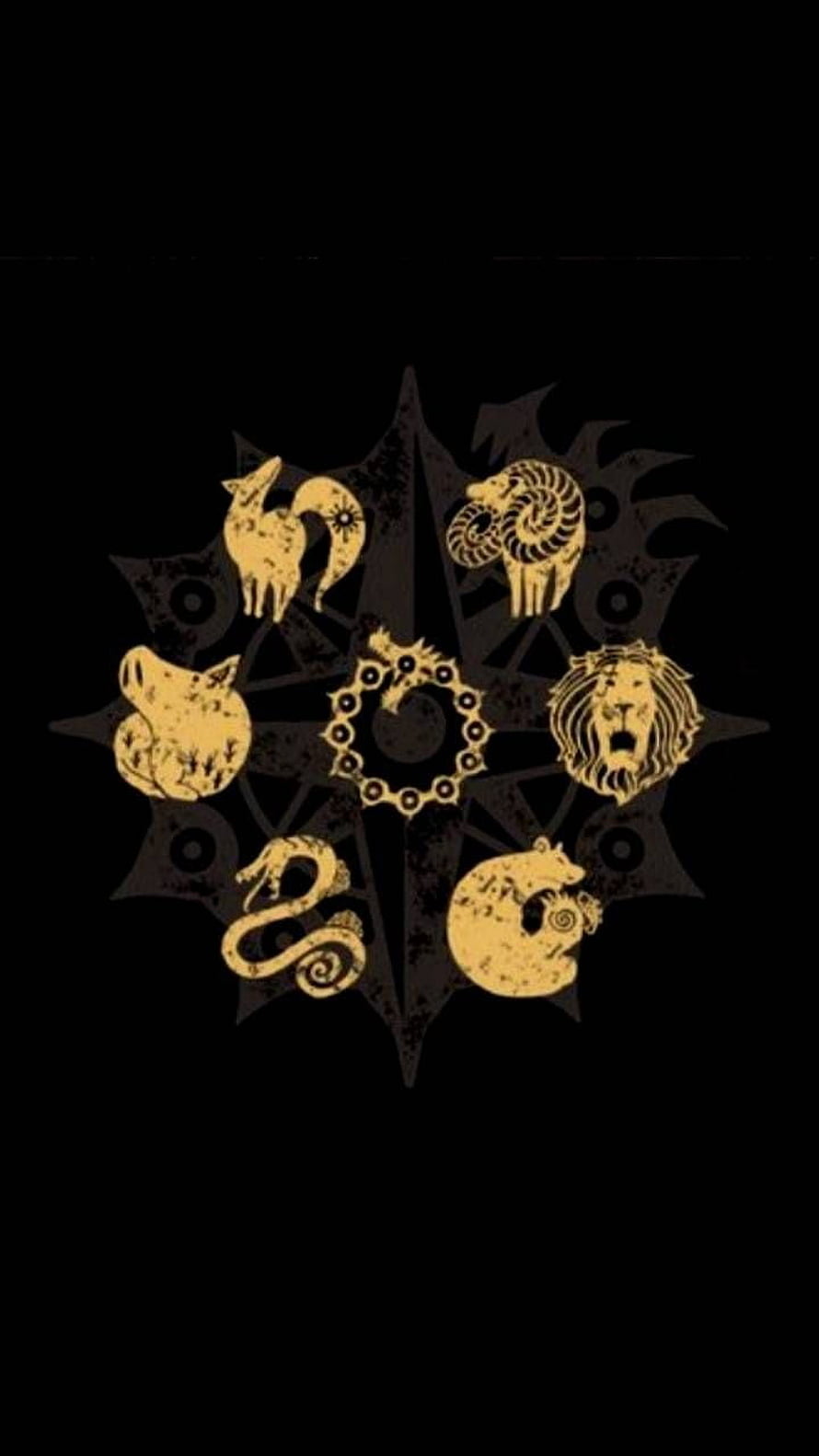 Seven Deadly Sins Emblem With Zodiac Animals And Central Ring On Black Background HD phone wallpaper