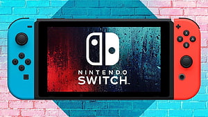 Nintendo Switch Console with Neon Joy-Con Controllers on Colorful Brick Wall HD wallpaper