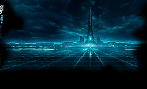 Tron Legacy City Grid and Tower Under Dark Stormy Sky HD wallpaper