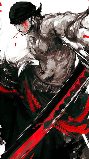 Roronoa Zoro from One Piece in a dramatic ink-wash style wielding a blood-stained katana HD phone wallpaper