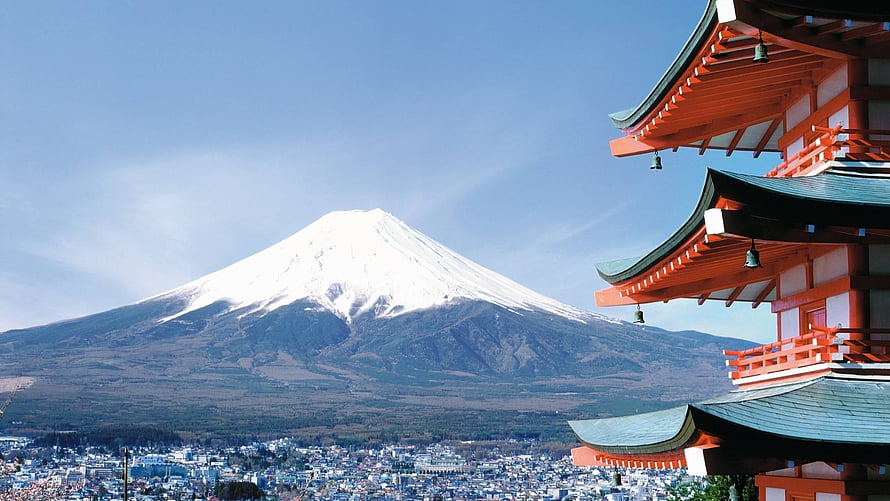 Mount Fuji Snow-Capped Peak Framed by Traditional Japanese Pagoda Architecture HD wallpaper