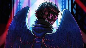 Dark Anime Character With Black Wings And Glowing Pink Face Markings HD wallpaper