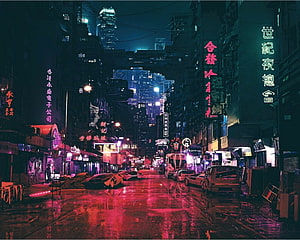 Neon-lit cyberpunk city street at night with rain reflections and glowing signs HD wallpaper