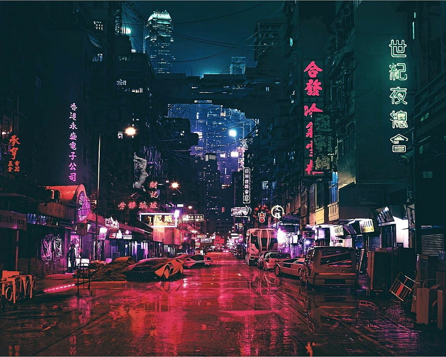 Neon-lit cyberpunk city street at night with rain reflections and glowing signs HD wallpaper