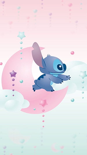 Stitch Kawaii Sitting on a Pink Crescent Moon with Stars and Clouds HD phone wallpaper