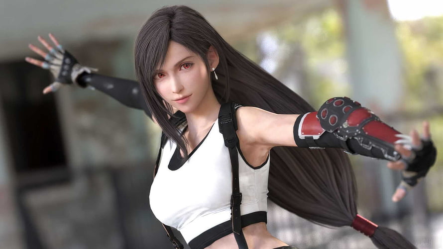 Tifa Lockhart in White Tank Top and Red Arm Guard in Dynamic Combat Pose HD wallpaper