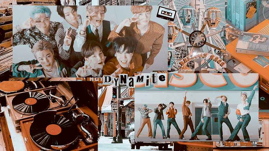 BTS Dynamite Retro Aesthetic Collage with Vinyl Records and Amusement Park Elements HD wallpaper