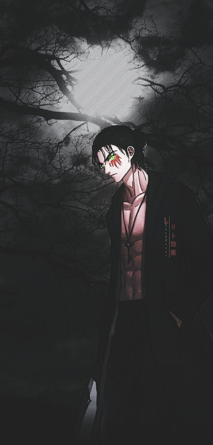 Dark Anime Male Character with Green Eyes and Red Markings in a Gloomy Forest HD phone wallpaper