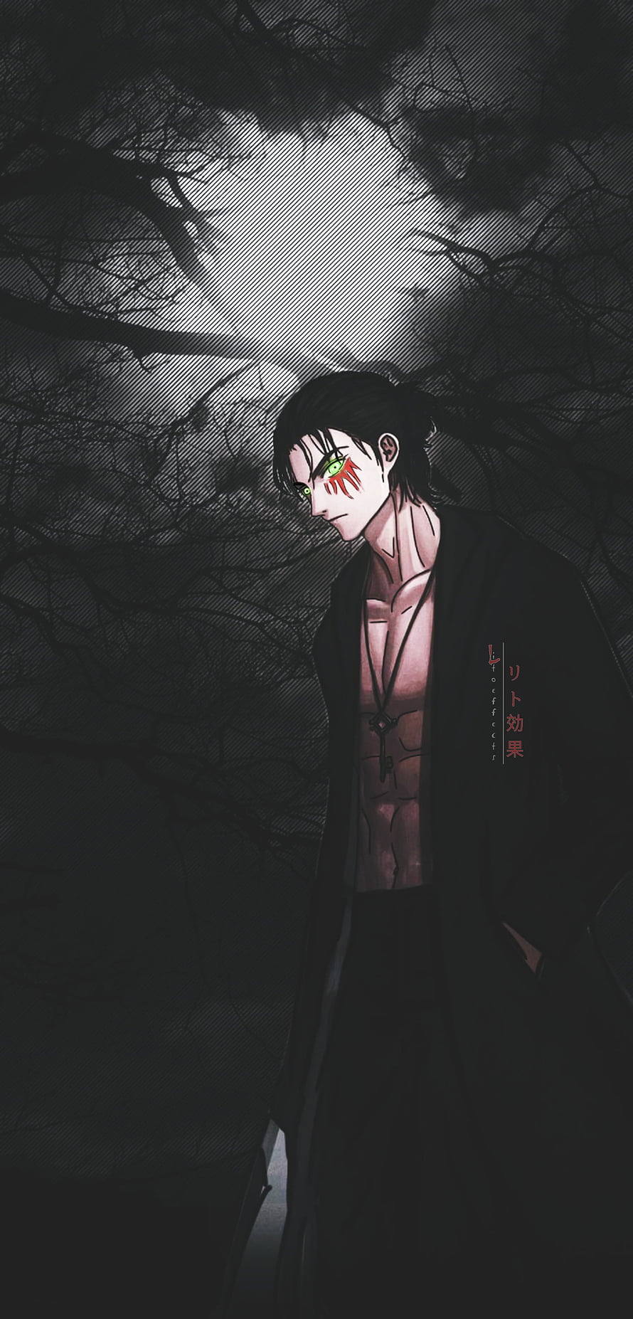 Dark Anime Male Character with Green Eyes and Red Markings in a Gloomy Forest HD phone wallpaper