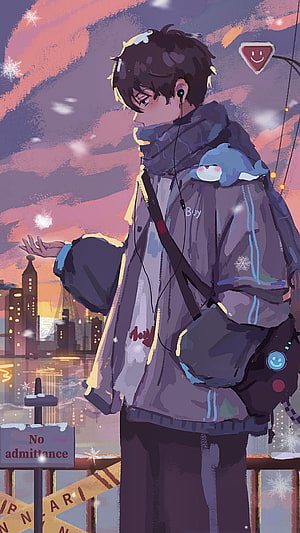 Anime Boy in Winter Jacket with Stuffed Toy on City Bridge at Sunset HD phone wallpaper
