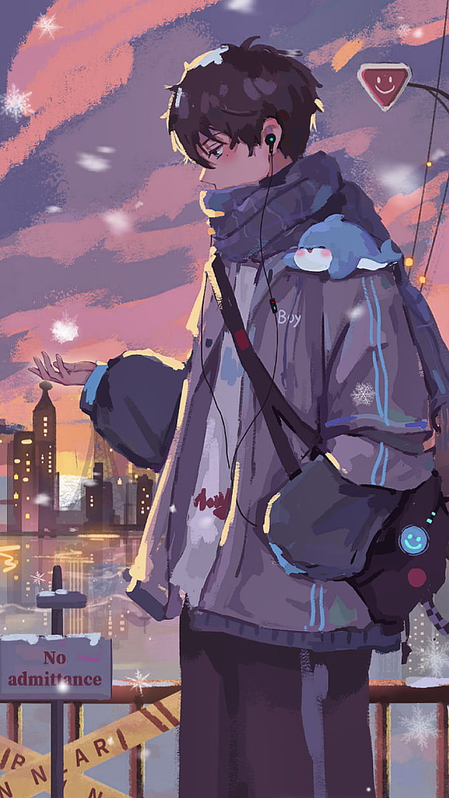 Anime Boy in Winter Jacket with Stuffed Toy on City Bridge at Sunset HD phone wallpaper