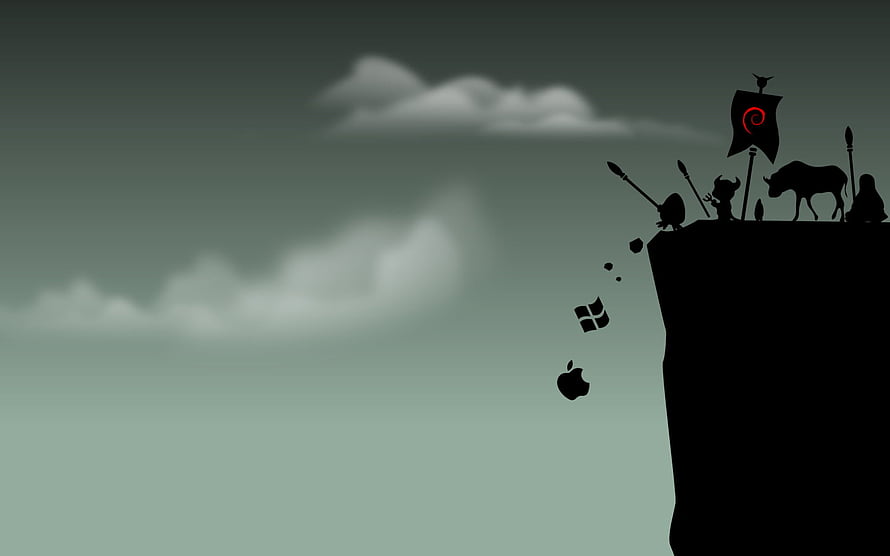 Silhouette of Tech Logos Falling from a Cliff Against a Moody Sky HD wallpaper