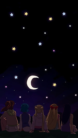 Sailor Moon Anime Art of Five Characters Gazing at a Crescent Moon and Starry Night Sky HD phone wallpaper