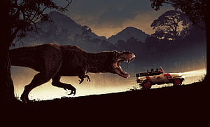 Tyrannosaurus Rex Chasing Jeep in Jurassic Park Jungle at Dusk HD wallpaper