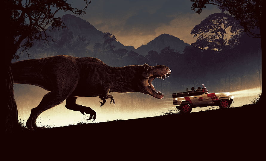 Tyrannosaurus Rex Chasing Jeep in Jurassic Park Jungle at Dusk HD wallpaper