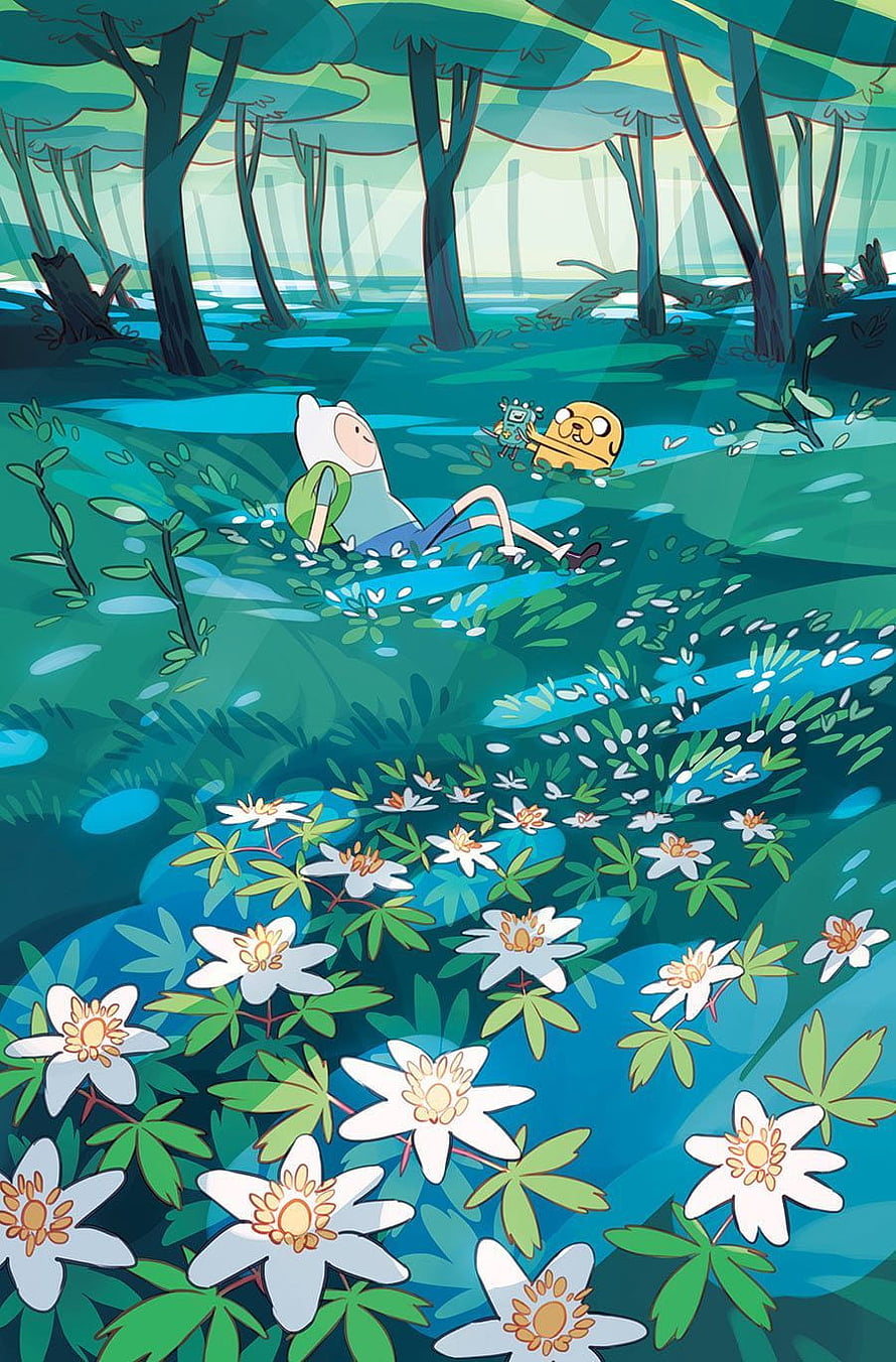 Adventure Time Finn and Jake Relaxing in a Lush Forest with White Flowers HD phone wallpaper