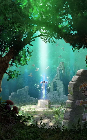 Glowing Sword in Ancient Ruins Under Forest Canopy in Legend of Zelda Fantasy Art HD phone wallpaper