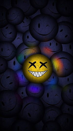 Dark and eerie yellow emoji with X eyes and sharp teeth surrounded by shadowy smiley faces HD phone wallpaper
