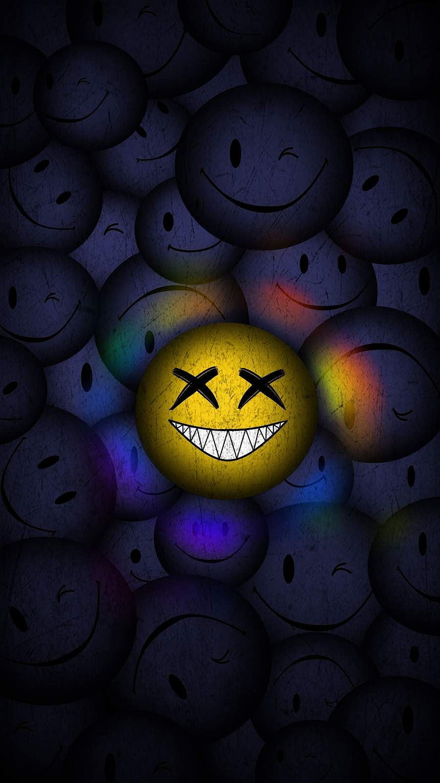 Dark and eerie yellow emoji with X eyes and sharp teeth surrounded by shadowy smiley faces HD phone wallpaper