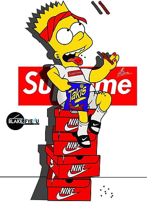 Bart Simpson in Supreme Shirt Sitting on Stacked Nike Boxes with Takis HD phone wallpaper