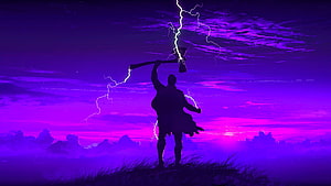 Thor Silhouette Wielding Stormbreaker Amid Purple Lightning Storm HD wallpaper