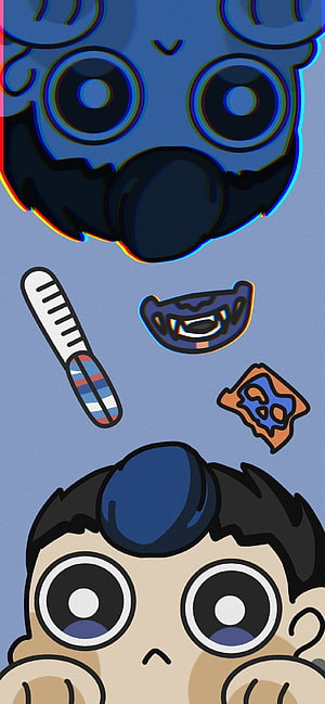 Yoru from Valorant in a cute cartoon style with glitch effect and floating icons HD phone wallpaper