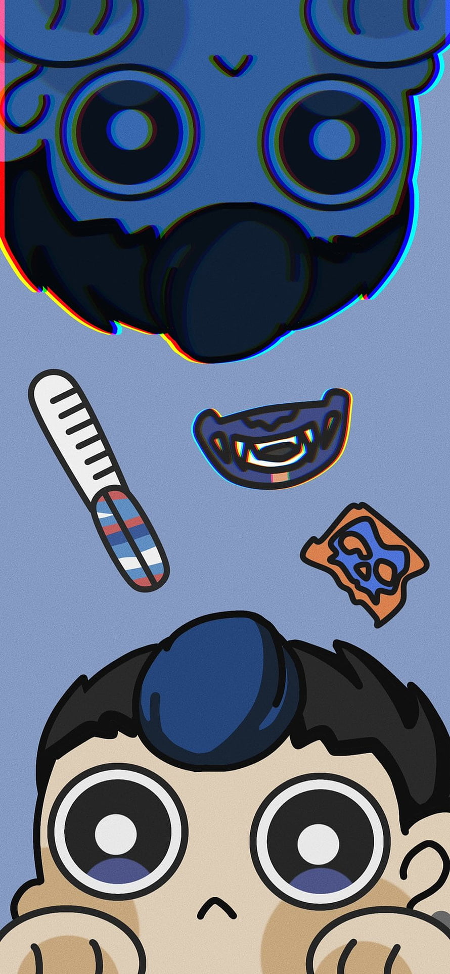 Yoru from Valorant in a cute cartoon style with glitch effect and floating icons HD phone wallpaper