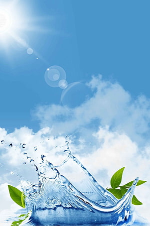 Fresh Water Splash with Green Leaves Against a Bright Blue Sky and Clouds HD phone wallpaper