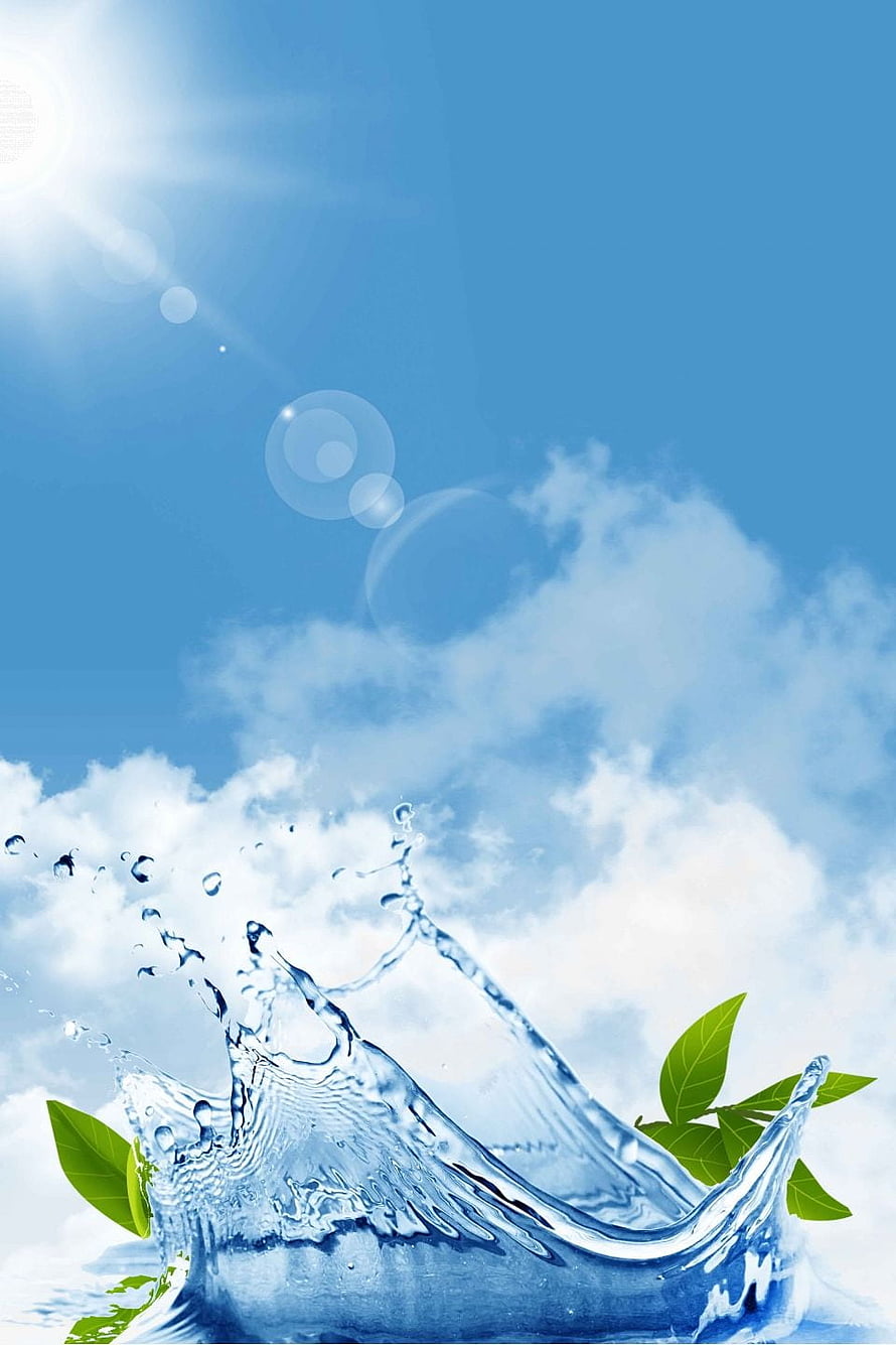 Fresh Water Splash with Green Leaves Against a Bright Blue Sky and Clouds HD phone wallpaper
