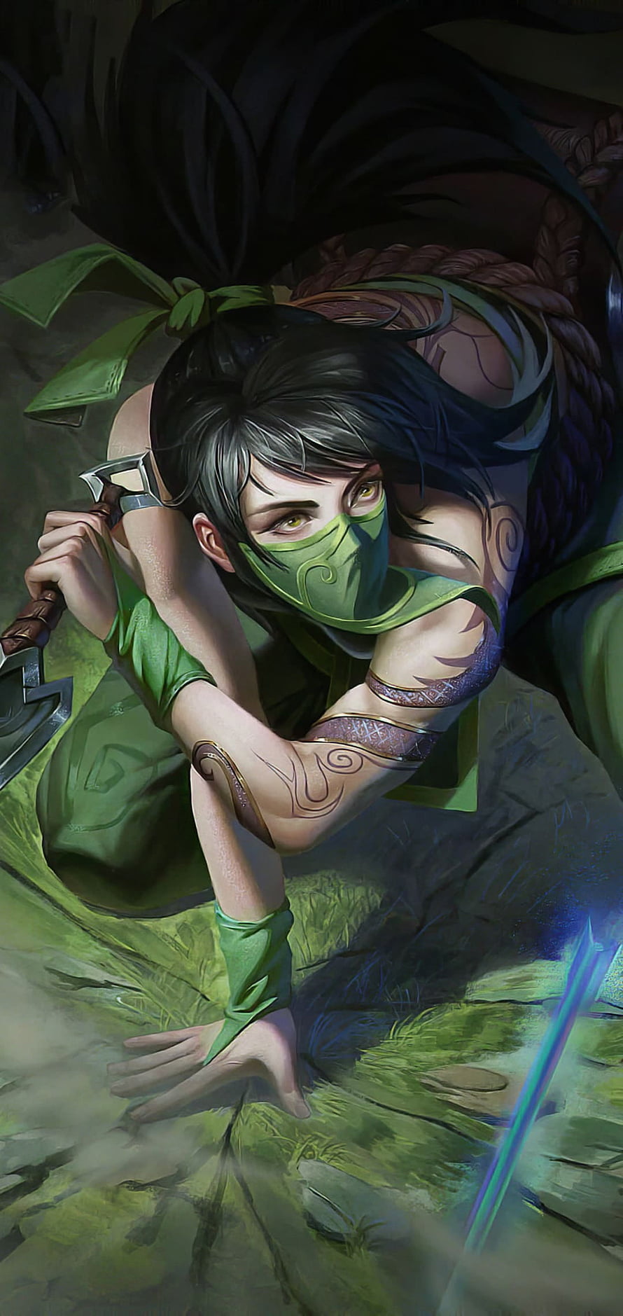 Akali from League of Legends in a dynamic crouching pose with green mask and blade HD phone wallpaper