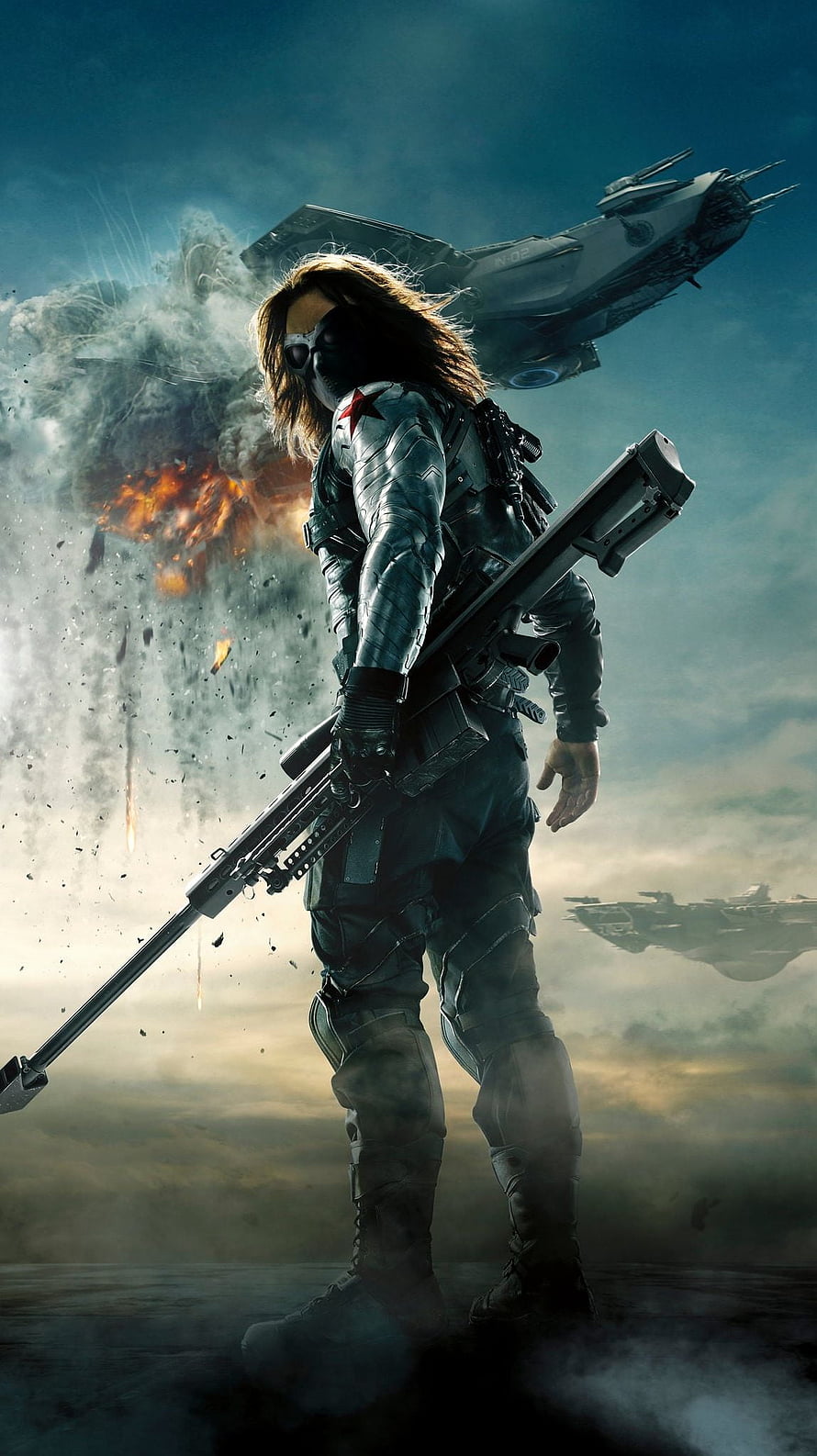Winter Soldier in tactical armor holding a rifle with warships and explosions in the background HD phone wallpaper