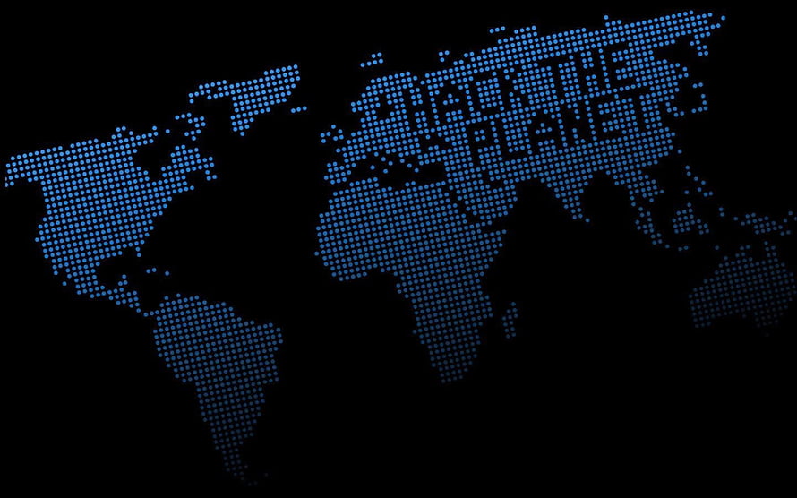 Digital Dotted World Map on Black Background with Blue Pixelated Continents HD wallpaper