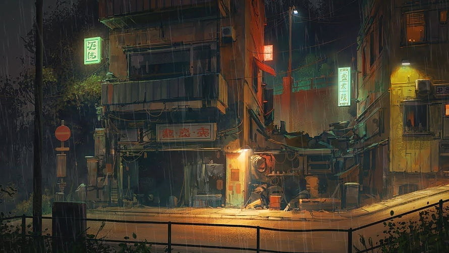Moody Rainy Night Street Scene with Neon Signs and Urban Decay HD wallpaper