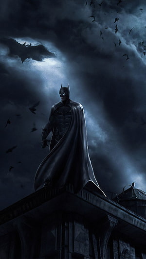 Ben Affleck Batman Standing on Rooftop Under Stormy Night Sky with Bats, Ben Affleck Batman, Justice League HD phone wallpaper