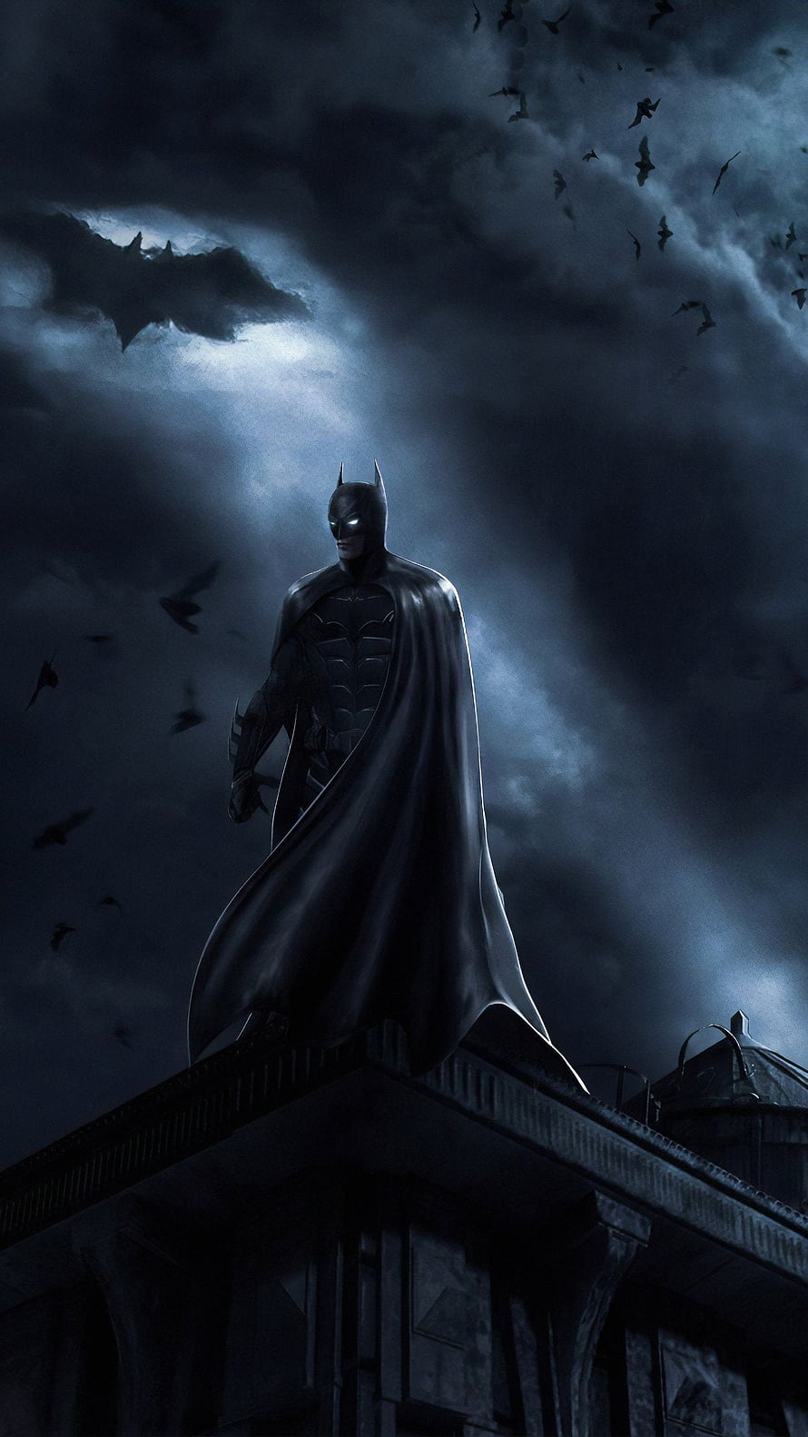 Ben Affleck Batman Standing on Rooftop Under Stormy Night Sky with Bats, Ben Affleck Batman, Justice League HD phone wallpaper