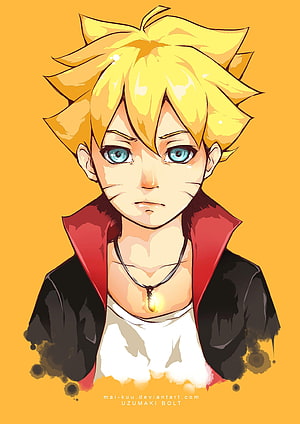 Uzumaki Bolt Anime Portrait with Spiky Blonde Hair and Blue Eyes on Orange Background HD phone wallpaper