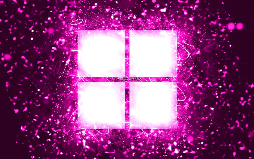 Glowing Windows 11 Logo in Vibrant Purple Neon Particle Explosion HD wallpaper