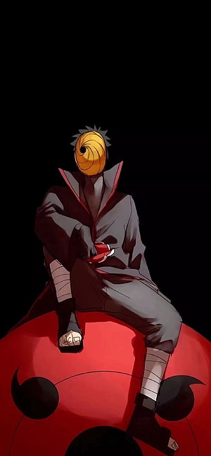 Obito Uchiha Sitting on Giant Red Akatsuki Ball with Spiral Mask HD phone wallpaper