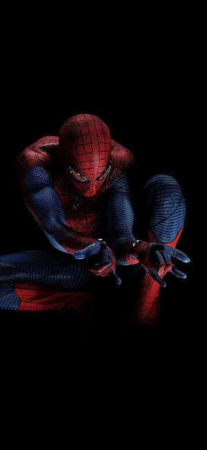 Spider-Man Crouched in Classic Red and Blue Suit Against Black Background, Amoled Super Hero, Spider Man Amoled HD phone wallpaper