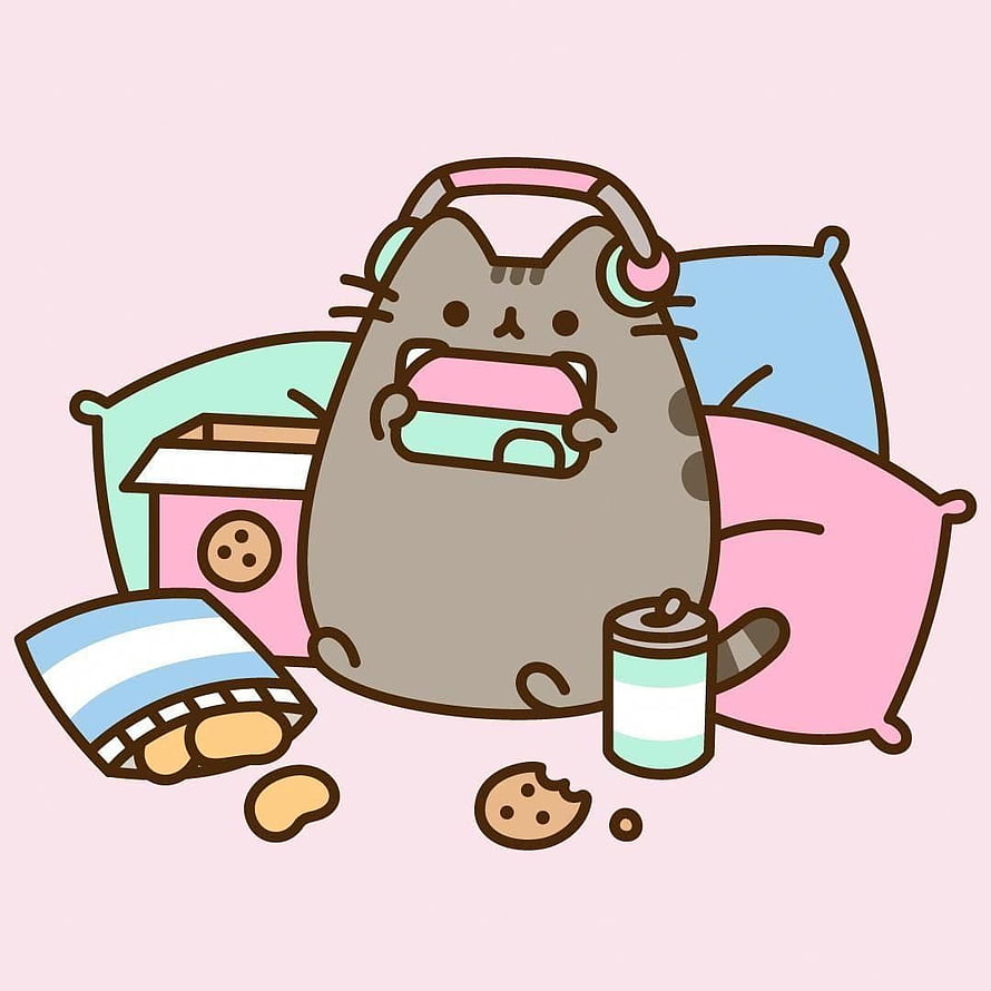Pusheen the Cat Eating Cookies and Snacks While Wearing Headphones in a Cozy Kawaii Illustration HD phone wallpaper