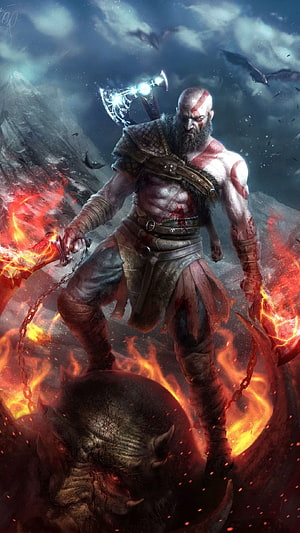 Kratos Wielding Blades of Chaos in a Fiery Battle Scene from God of War HD phone wallpaper