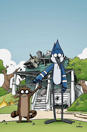 Regular Show Blue Jay and Rigby Standing Before a Destroyed House HD phone wallpaper